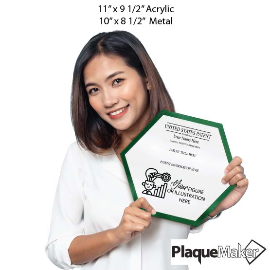 Size Guide With Woman Holding Honeycomb Shaped Patent Plaque With Green Acrylic Board And White Plate And Sample Details