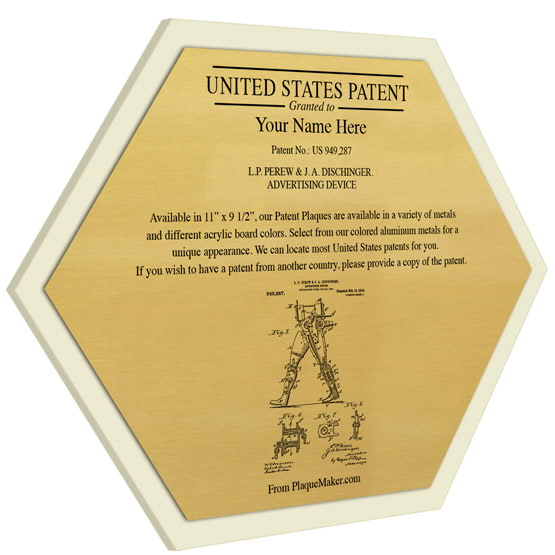 Honeycomb Shaped Patent Plaque With Ivory Acrylic Board And Gold Aluminum Plate Color Printed To Show Customizable Options
