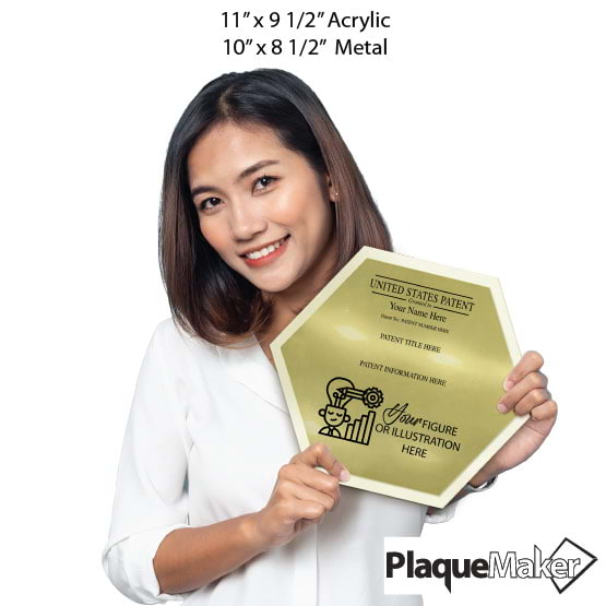 Size Guide With Woman Holding Honeycomb Shaped Patent Plaque With Ivory Acrylic Board And Gold Plate And Sample Details