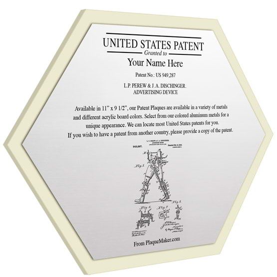 Honeycomb Shaped Patent Plaque With Ivory Acrylic Board And Silver Aluminum Plate Color Printed To Show Customizable Options