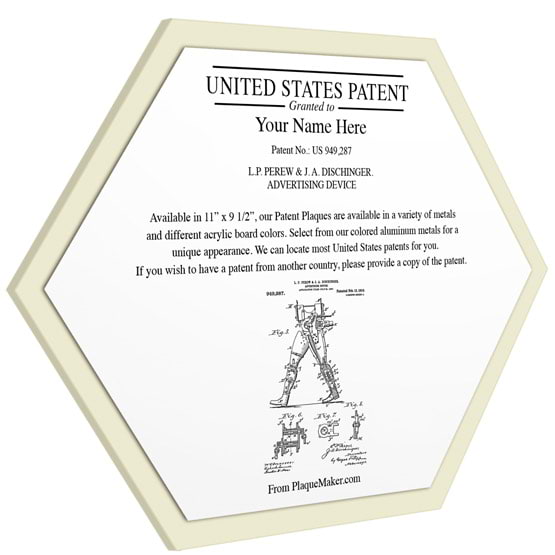 Honeycomb Shaped Patent Plaque With Ivory Acrylic Board And White Aluminum Plate Color Printed To Show Customizable Options