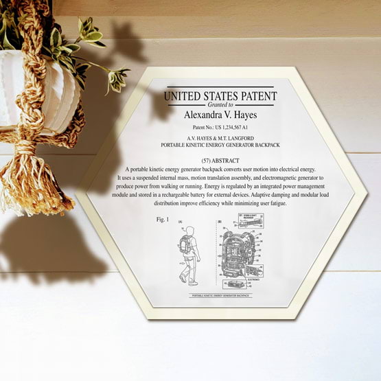 Honeycomb Patent Plaque With Ivory Acrylic Board And White Plate Printed With Sample Details Mounted Onto Wall Near Plant