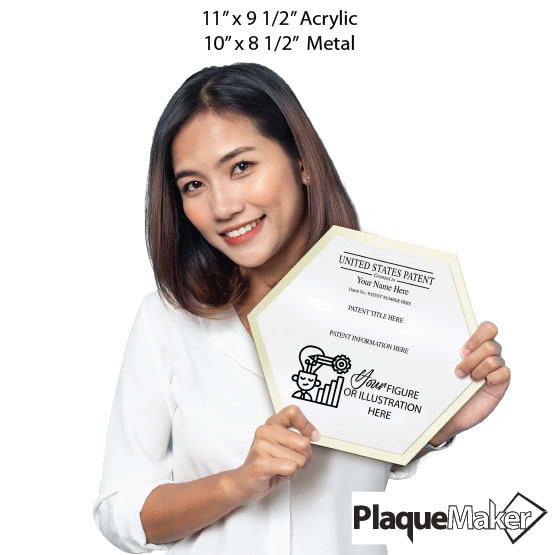 Size Guide With Woman Holding Honeycomb Shaped Patent Plaque With Ivory Acrylic Board And White Plate And Sample Details