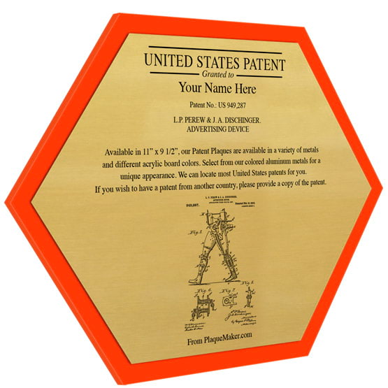 Honeycomb Shaped Patent Plaque With Orange Acrylic Board And Gold Aluminum Plate Color Printed To Show Customizable Options