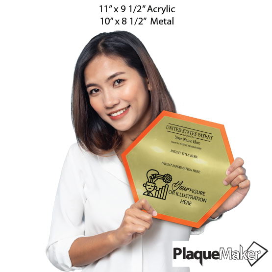 Size Guide With Woman Holding Honeycomb Shaped Patent Plaque With Orange Acrylic Board And Gold Plate And Sample Details