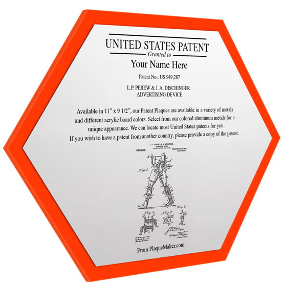 Honeycomb Shaped Patent Plaque With Orange Acrylic Board And Silver Aluminum Plate Color Printed To Show Customizable Options