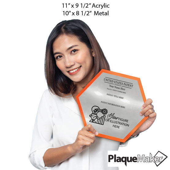 Size Guide With Woman Holding Honeycomb Shaped Patent Plaque With Orange Acrylic Board And Silver Plate And Sample Details