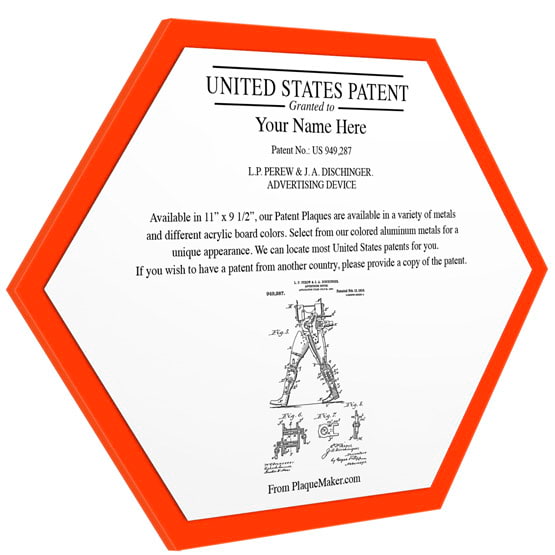 Honeycomb Shaped Patent Plaque With Orange Acrylic Board And White Aluminum Plate Color Printed To Show Customizable Options