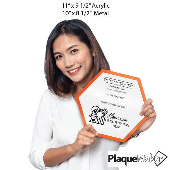 Size Guide With Woman Holding Honeycomb Shaped Patent Plaque With Orange Acrylic Board And White Plate And Sample Details