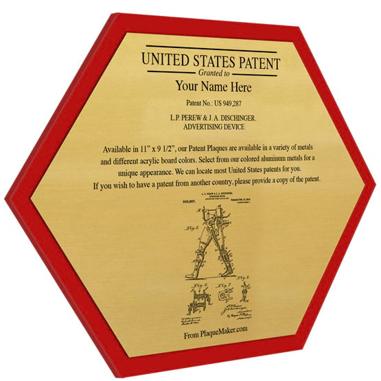 Honeycomb Shaped Patent Plaque With Red Acrylic Board And Gold Aluminum Plate Color Printed To Show Customizable Options