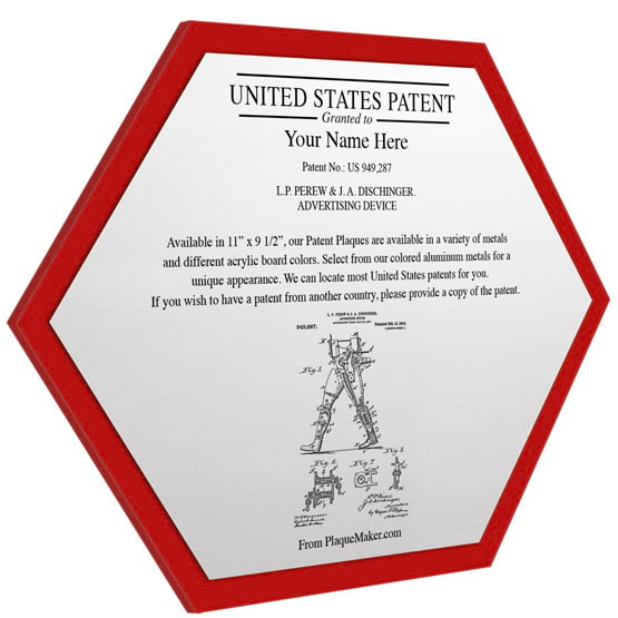 Honeycomb Shaped Patent Plaque With Red Acrylic Board And Silver Aluminum Plate Color Printed To Show Customizable Options