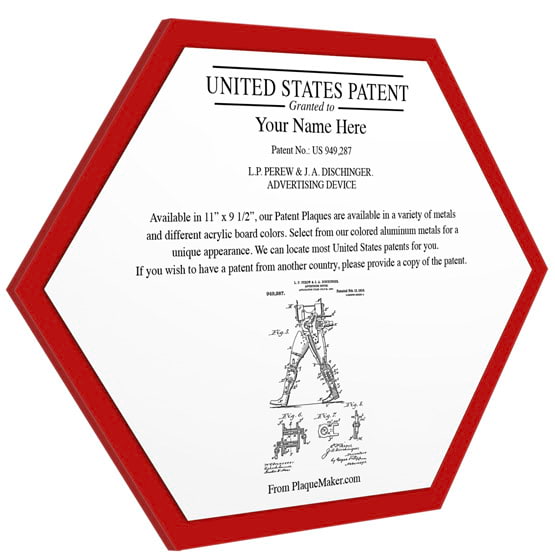 Honeycomb Shaped Patent Plaque With Red Acrylic Board And White Aluminum Plate Color Printed To Show Customizable Options