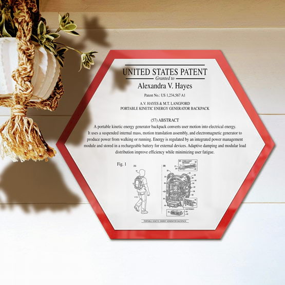Honeycomb Patent Plaque With Red Acrylic Board And White Plate Printed With Sample Details Mounted Onto Wall Near Plant