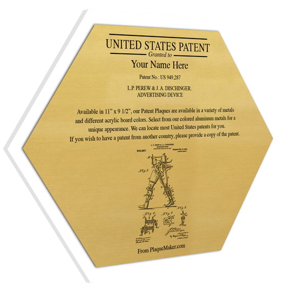 Honeycomb Shaped Patent Plaque With White Acrylic Board And Gold Aluminum Plate Color Printed To Show Customizable Options