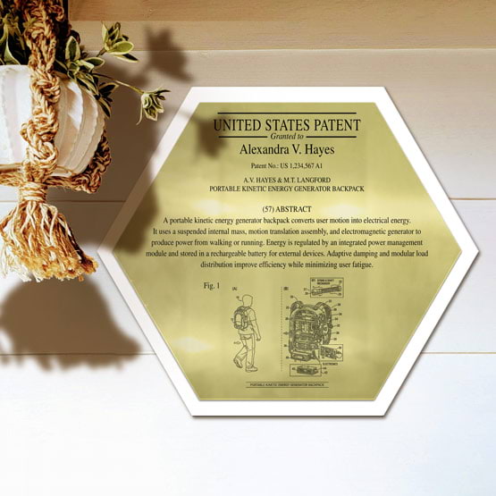 Honeycomb Patent Plaque With White Acrylic Board And Gold Plate Printed With Sample Details Mounted Onto Wall Near Plant