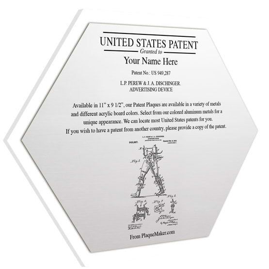 Honeycomb Shaped Patent Plaque With White Acrylic Board And Silver Aluminum Plate Color Printed To Show Customizable Options