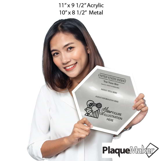 Size Guide With Woman Holding Honeycomb Shaped Patent Plaque With White Acrylic Board And Silver Plate And Sample Details