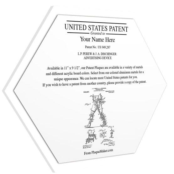 Honeycomb Shaped Patent Plaque With White Acrylic Board And White Aluminum Plate Color Printed To Show Customizable Options