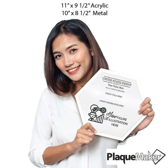 Size Guide With Woman Holding Honeycomb Shaped Patent Plaque With White Acrylic Board And White Plate And Sample Details