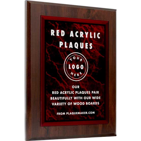 Red Marble Themed Acrylic Plaque With Wood Board And Showing Customization Options And Areas Against White Background