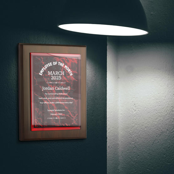 Red Marble Themed Acrylic Plaque Award For Employee Of The Month With Wood Board Mounted On Office Wall By Lamp