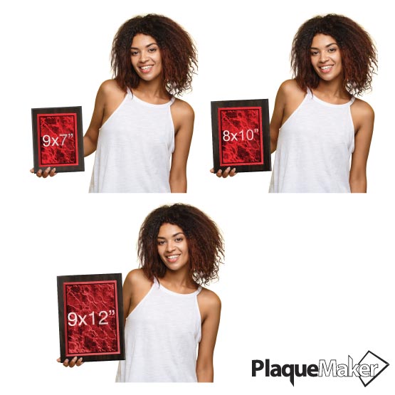 Size Guide With Woman Holding Three Different Sizes Of Custom Red Marble Themed Acrylic Plaque With Wood Board