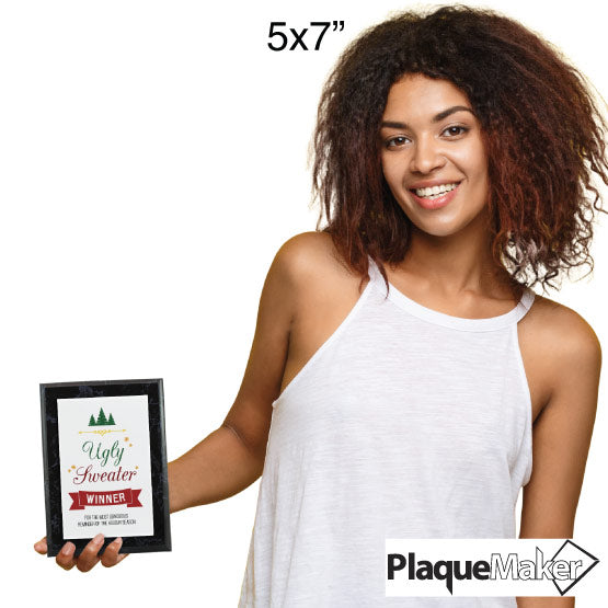 Size Guide Showing Gray Man Holding 5x7 Inch Ugly Sweater Winner Plaque.