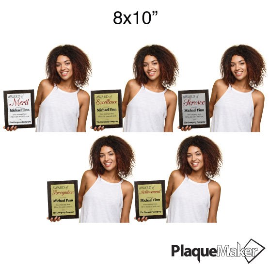 Size Guide Featuring Available Merits To Select On 8x10 Inch Plaque Held By Woman.