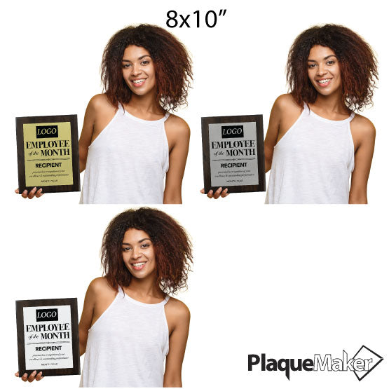 Size Guide Featuring The 3 Available Metal Colors With Woman Holding 8x10 Inch Plaque.