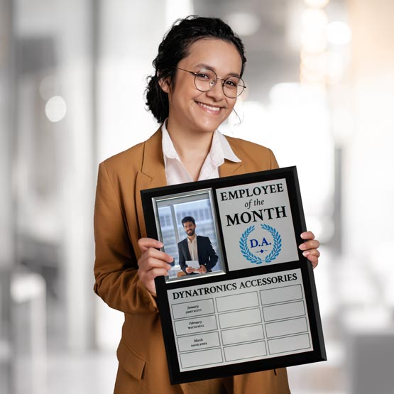 Smiling Business Woman Holding An Employee Of The Month Perpetual Plaque In Full Color.