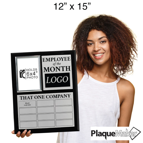 Size Guide Showing Woman Holding 12x15 Inch Perpetual Plaque For Employee Of The Month.