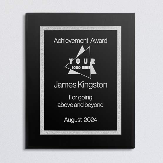 Custom Stainless Steel Plaque Award For Achievement With Black Board And Black Plate With Florentine Border On Office Wall