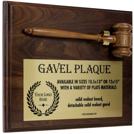 Detachable Walnut Gavel Fastened To A Custom Gold Aluminum Plaque With Walnut Board And Showing Customization Options