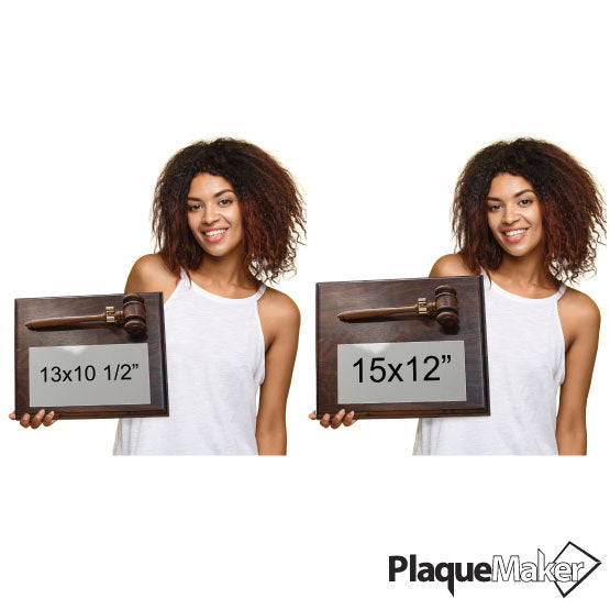 Size Guide With Woman Holding Two Sizes Of Silver Aluminum Plaque With Detachable Walnut Gavel And Showing Measurements