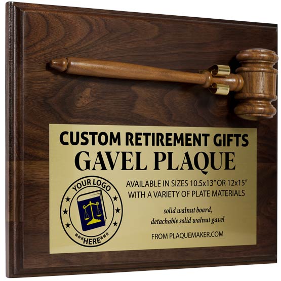 A custom plaque with a gold metal plate with printed text is attached to the bottom of a walnut wood board, a gavel is attached to the top of the board. Displayed on a white background at a slight angle. 