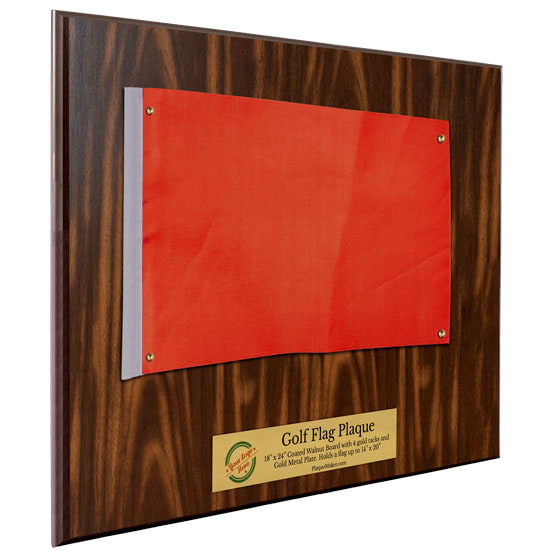 Walnut Plaque With Gold Plate Printed To Show Customization Options And Areas With Sample Red Golf Flag