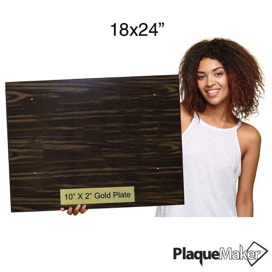 Size Guide With Happy Woman Holding Custom Walnut Plaque With 4 Gold Tacks And Gold Plate Showing Measurements