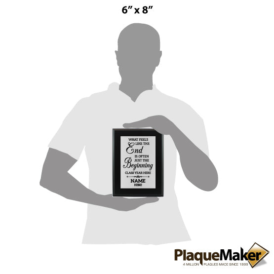 Size Guide Featuring Gray Man Holding A 6x8" Custom Graduation Plaque.