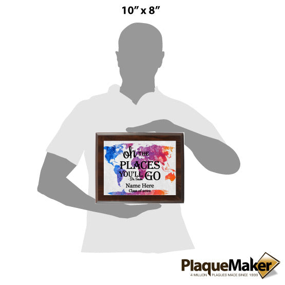 Size Guide Featuring Gray Man Holding 10x8" Graduation Plaque.