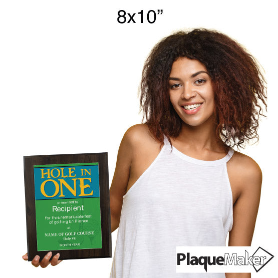 Size Guide Featuring Gray Man Holding 8x10 Inch Hole In One Golf Plaque.