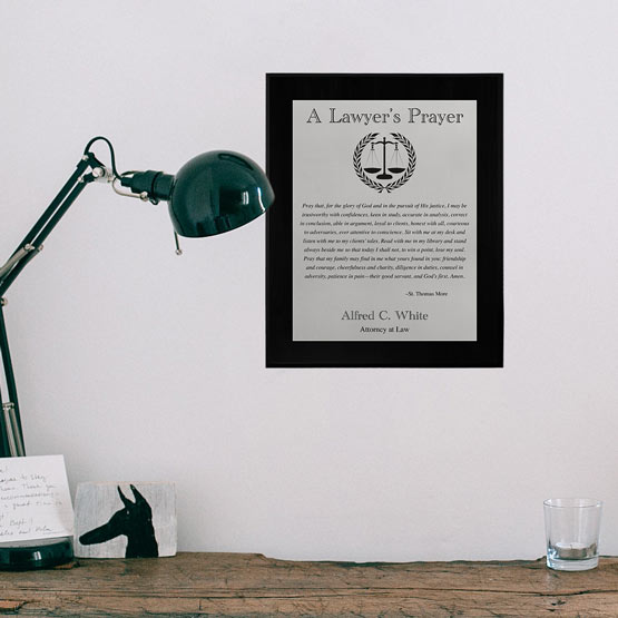 Custom Lawyer's Prayer Plaque Hanging On Wall Above Desk With Lamp.