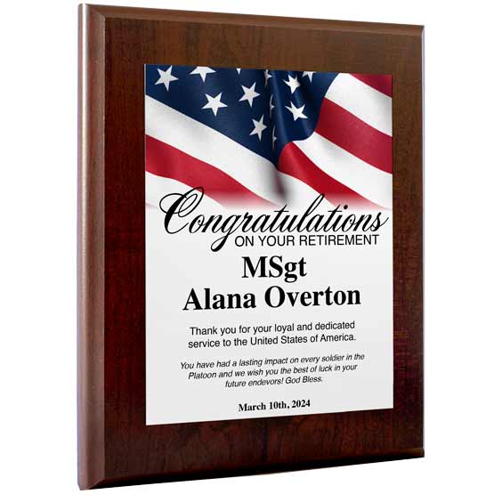 Custom Military Retirement Plaque With Full Color US Flag With Your Name, Message, And Date.