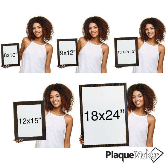 Size Guide Showing Woman Holding Five Popular Sizes Of Aluminum Newspaper Plaques - Up to 18x24".