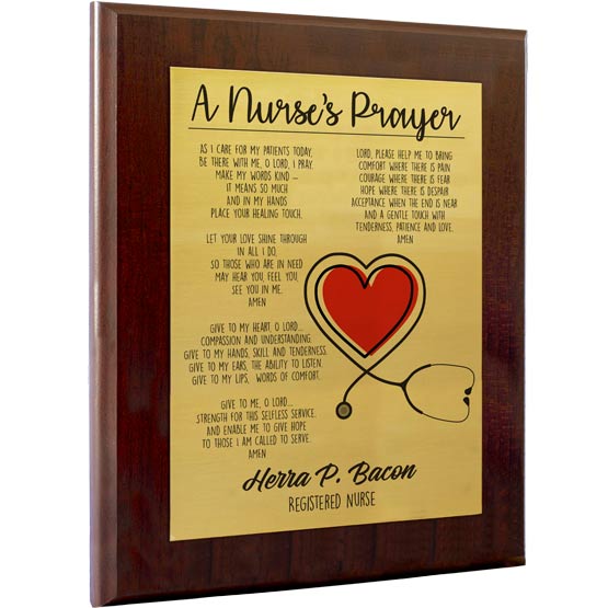 Custom Nurse's Prayer Plaque With Stethoscope Heart And Name In Full Color.