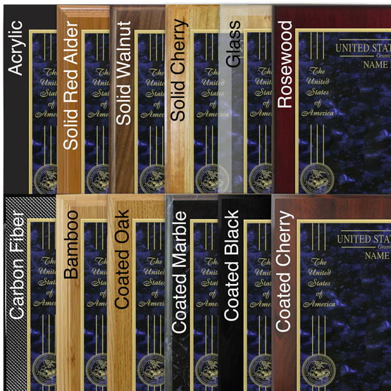 Comparison of board options with blue marble laser metal and gold engraving