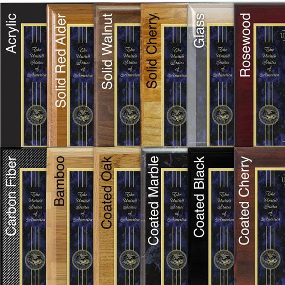 Comparison of board options with blue marble laser metal and gold engraving