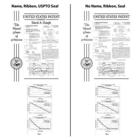Patent Plaque Layout Options Of Name, Ribbon, USPTO Seal, Or No Name, Ribbon, Seal.