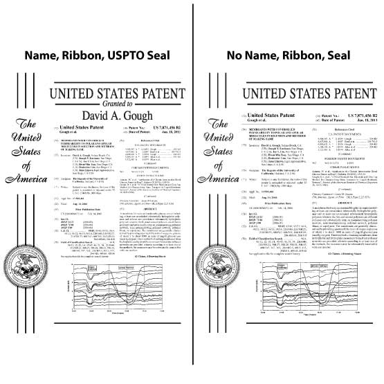 Side By Side Examples Of Custom Aluminum Patent Plaque Design Options For Name And Ribbon And Seal