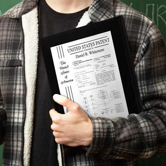 A person in a plaid flannel shirt holding a coated black board patent plaque for the United States of America with the name Daniel R. Whitemore at the top.