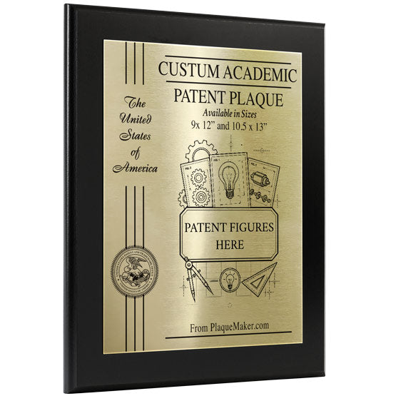 A custom academic patent plaque with a black wood board and gold aluminum plate featuring printed text and placeholder artwork.